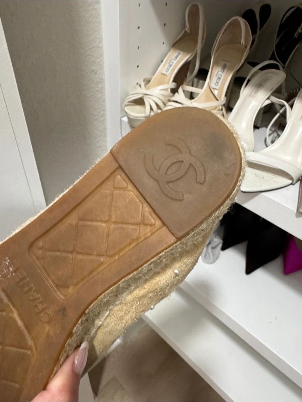 CHANEL Beige and Black Pearl-Embellished Suede Espadrilles